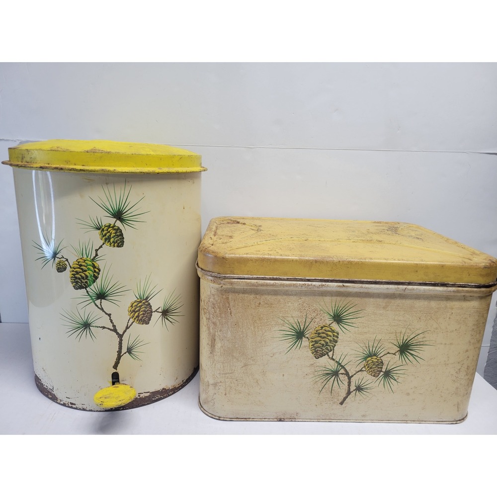 Vtg Pinecone Metal Kitchen Set Bread Box and Step Trash Can Yellow‎ Cream MCM